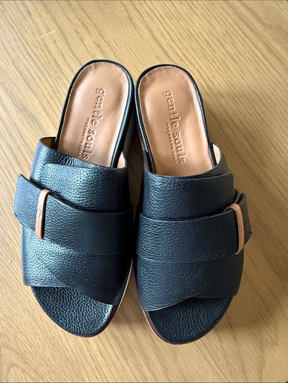 Gentle Souls by Kenneth Cole Black Leather Slip-On Mules with Tan Buckle Accents